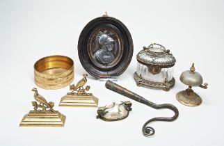 A 19TH CENTURY GLASS TABLE CASKET with brass mounts, a brass counter-top bell, a gilt metal