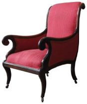 AN ELEGANT MAHOGANY ARMCHAIR, EARLY 19TH CENTURY, the deep seated chair with scrolling top and arms,