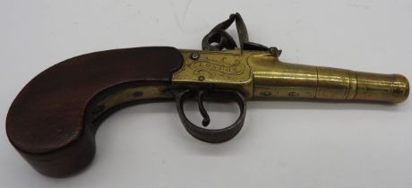 A BRASS BOX-LOCK POCKET PISTOL ENGRAVED ARCHER, LONDON, WITH SLAB-SIDED GRIP. 16 cms long