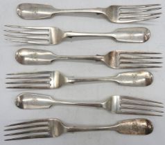 A SET OF SIX VICTORIAN SILVER FORKS, fiddle pattern, monogrammed, bearing the mark of Charles