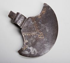 AN INDIAN STEEL AXE HEAD WITH ENGRAVED AND DAMASCUS DECORATED BLADE , 18th/19th century. 24. 5 x