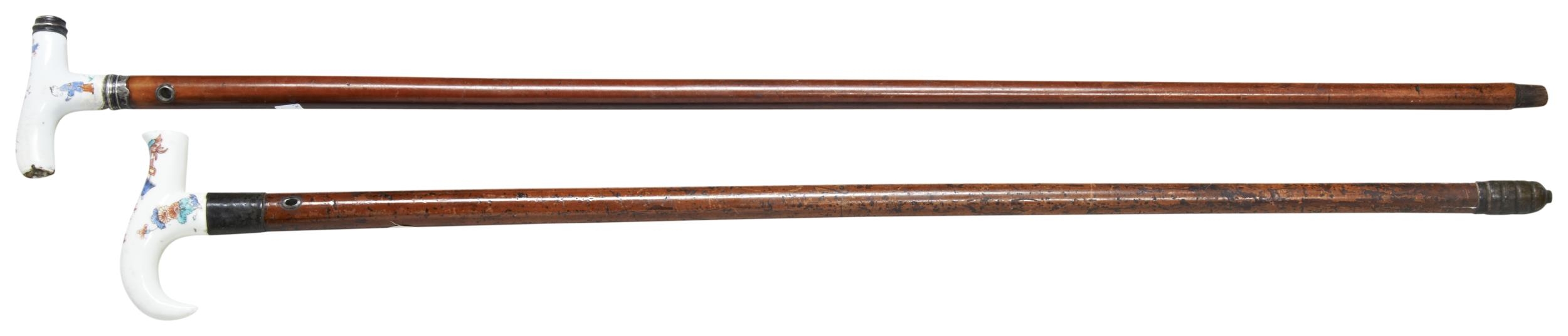 A 19TH CENTURY MALACCA CANE  with a Japanese porcelain handle and another similar. 90 cms max - Image 2 of 2