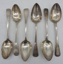 THREE PAIRS OF GEORGE III SILVER SERVING SPOONS, Old English form, all with engraved monograms 22.