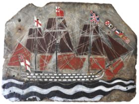 A LARGE SLATE ROOF TILE ENGRAVED AND PAINTED WITH A PICTURE OF AN EARLY 19TH CENTURY NAVAL FRIGATE ,