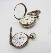 A VINTAGE SILVER CASED FOB WATCH AND SILVER CASED POCKET WATCH, the fob watch in a chased