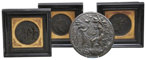 A PAIR OF 19TH CENTURY FRAMED NEOCLASSICAL BRONZE PLAQUES one with a retailers label for Charles