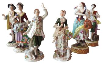 THREE PAIRS OF CONTINENTAL PORCELAIN FIGURINES, LATE 19TH CENTURY, the largest pair modelled with