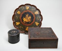A QAJAR PAPIER MACHE TRAY, an early 19th century box with crossed hatched inlaid design, and a