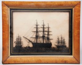 A VICTORIAN REVERSE GLASS SILHOUETTE OF H.M.S. ROYAL SOVEREIGN with two other ships of the line in