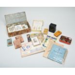 A BOX OF ASSORTED VICTORIAN PLAYING CARDS, A GOLF AND FOOTBALL FLICKER BOOK AND VARIOUS OTHER