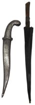 A KHYBER KNIFE, the blade and hilt with engraved decoration and damascened highlights and in a