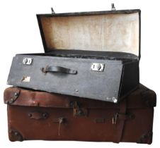 A VINTAGE LEATHER TRAVEL TRUNK AND AN AUTOMOBILE TRUNK, the pig skin case with vintage labels