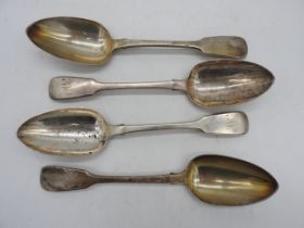 A SET OF FOUR GEORGE III SILVER SERVING SPOONS, fiddle pattern, two with engraved monogram, bears