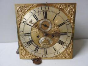 AN 8 DAY LONGCASE MOVEMENT 12 1/2 inch brass dial signed Matthew Bushell; matted centre with