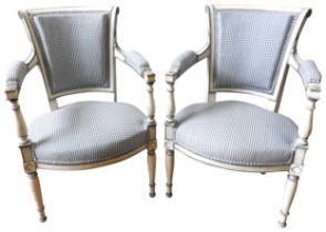 A PAIR OF VINTAGE FRENCH FAUTEUILS, LATE 19TH / EARLY 20TH CENTURY, elegant cream painted frames