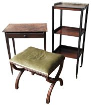 A 19TH CENTURY WHATNOT, SIDE TABLE AND STOOL, the what not consisting of three tiers united by