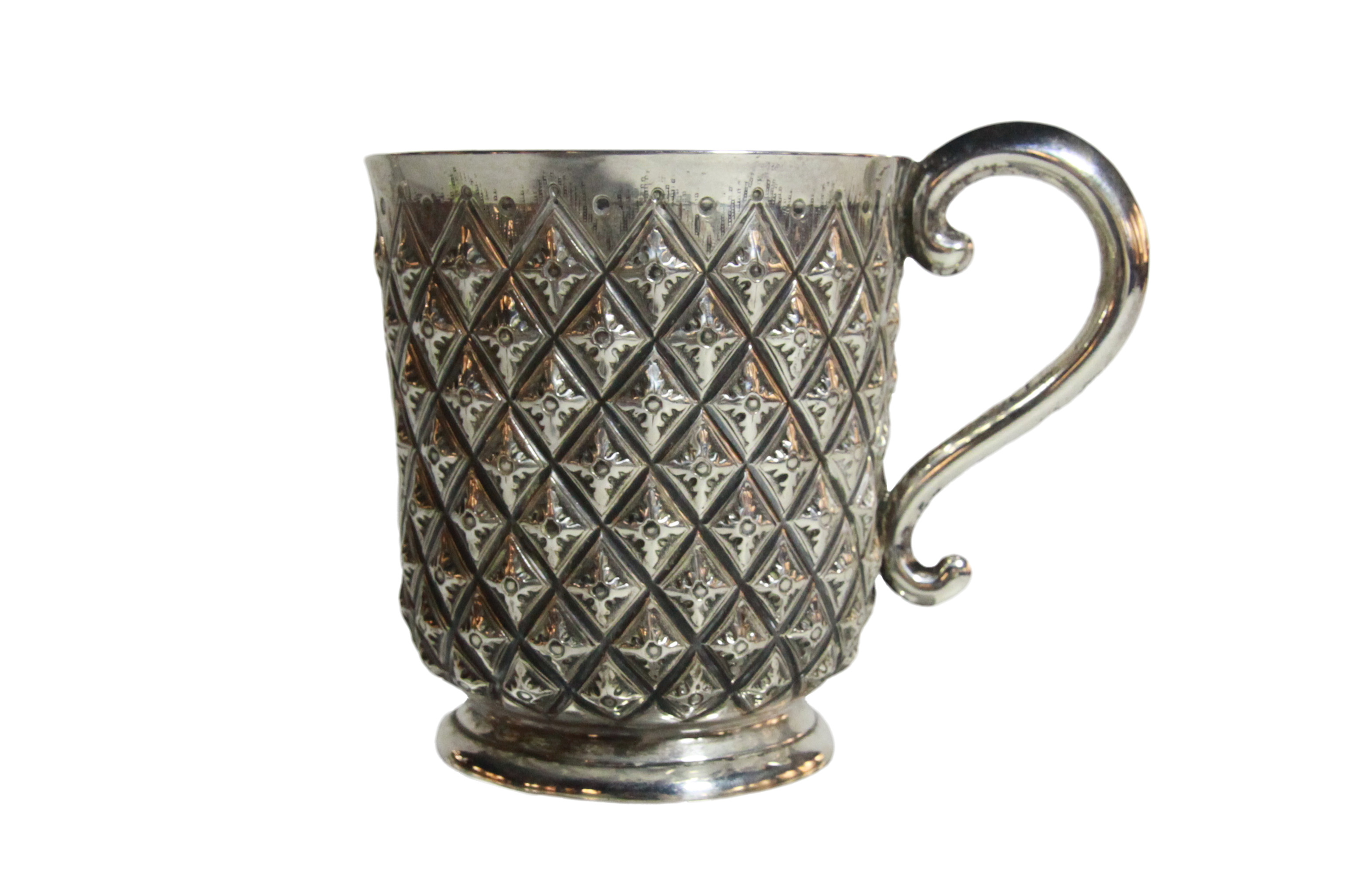 An unusual silver cup/ mug with shaped handle of geometric diamond design, London 1862 - Edward