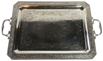 A large Hungarian silver two handled tray with scrolled frieze decoration. (L: 64cm, W: 41cm), (4,