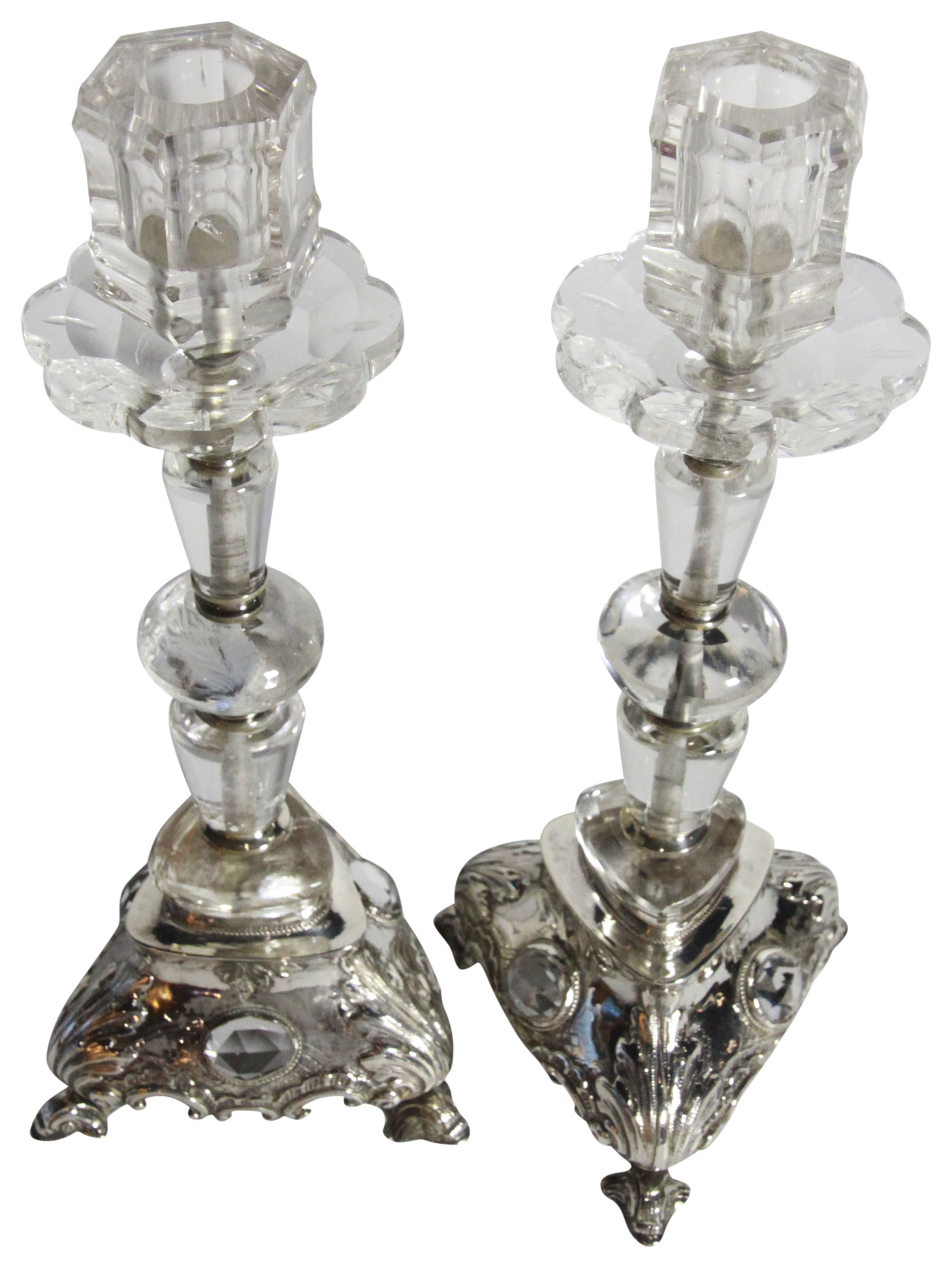 A pair of German Montain crystal candlesticks upon silver bases also with facit glass stone - Image 4 of 5