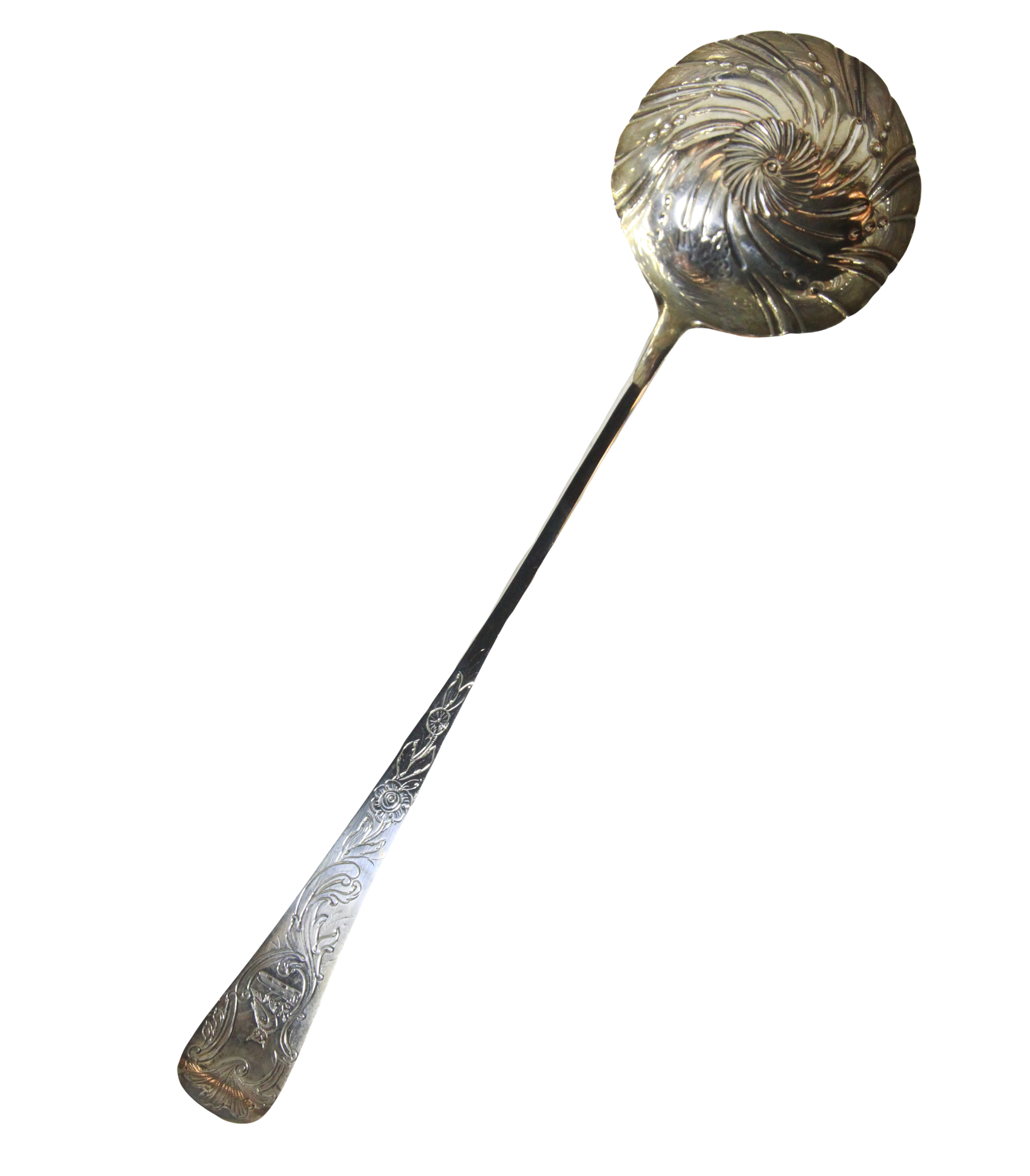 A good large provincial Irish George III soup ladle with rope twist spiral fluted bowl, L: 32 cm, - Image 2 of 9