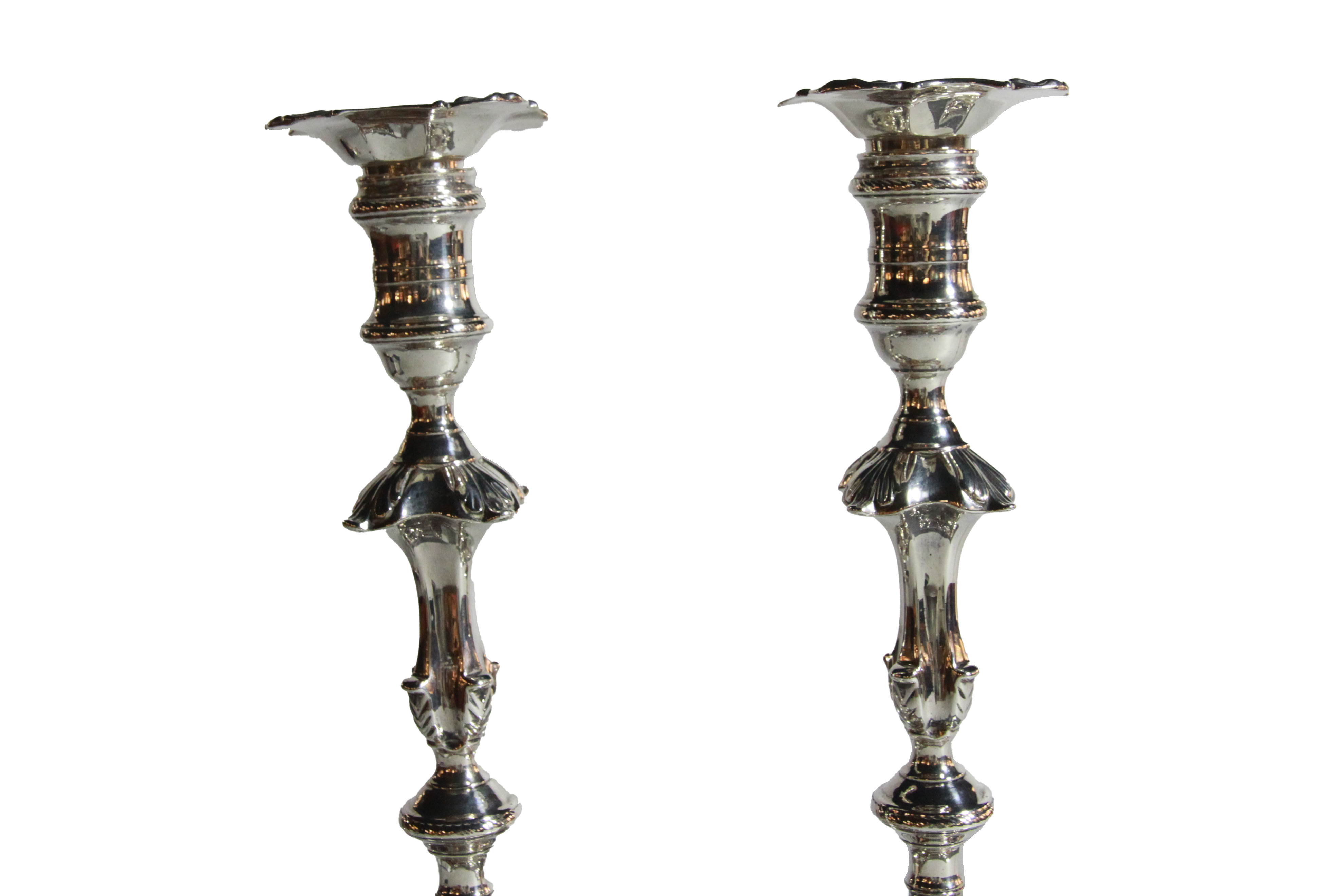A good pair of George III silver candlesticks, upon shaped square bases, Ebenezer Coker, London - Image 2 of 9