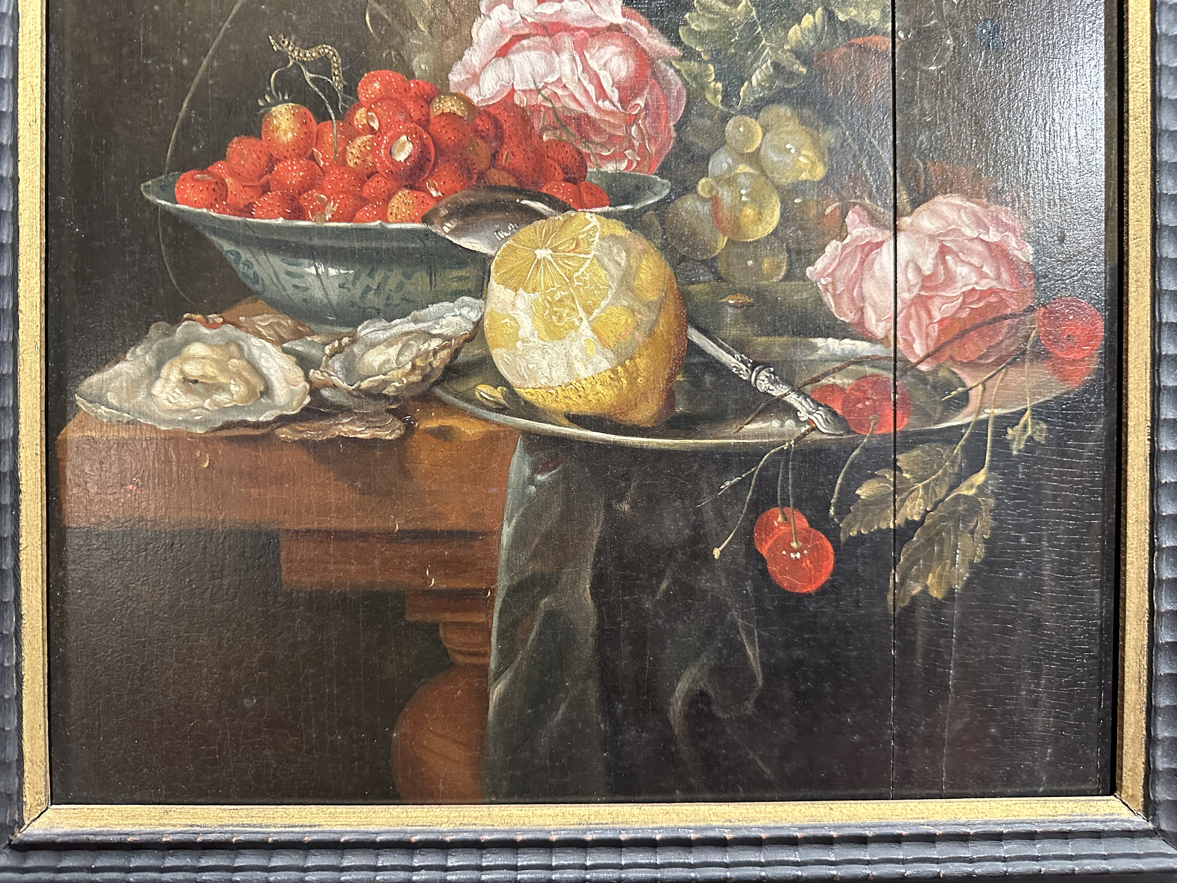 Still life of fruit upon a serving table, oil on panel, possibly Italian, possible early 18th - Image 9 of 9