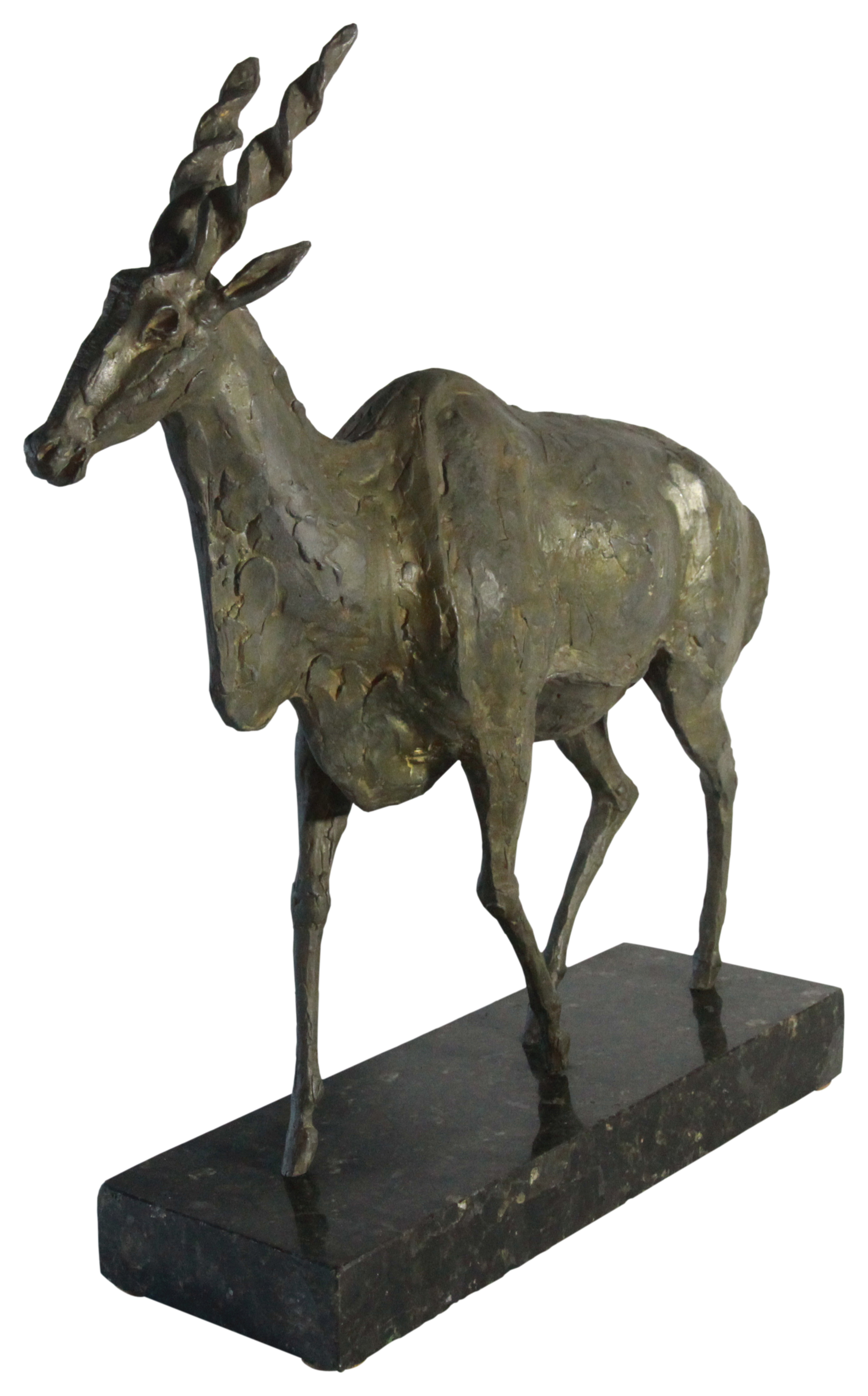 An Art Deco bronze sculpture of an Antelope upon a marble base, (H: 60cm, W: 15.5cm, L: 55cm),