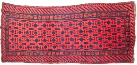 A good Chinese Samarkand floor rug circa 1850's, red ground geometric pattern. (L: 317 cm, W: