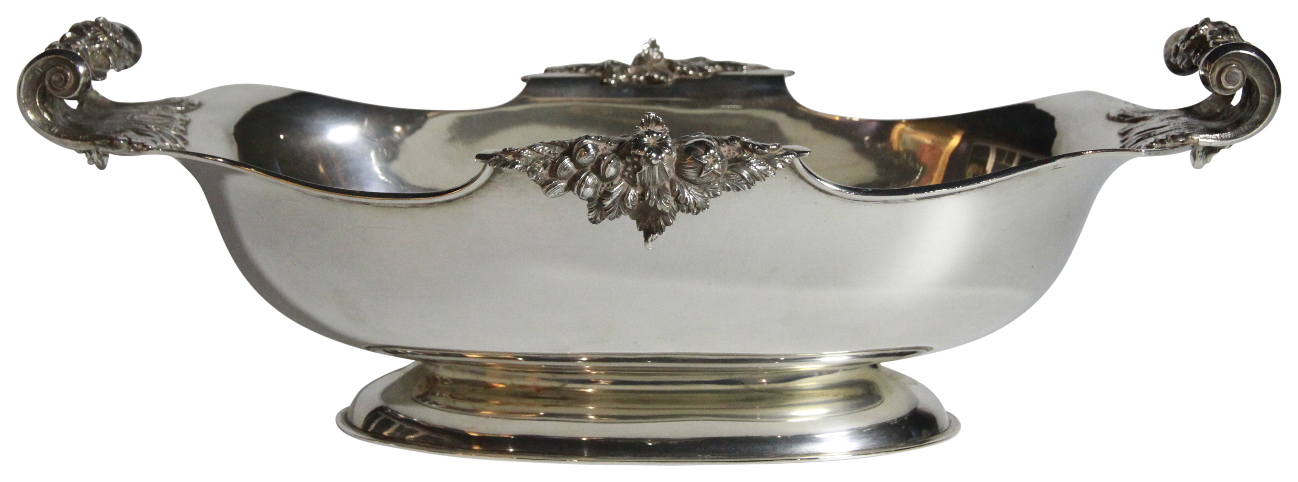 An Italian silver jardinière with floral scrolled handles. Stamped 800, (H: 14cm, L: 40cm)(1,285