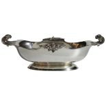 An Italian silver jardinière with floral scrolled handles. Stamped 800, (H: 14cm, L: 40cm)(1,285