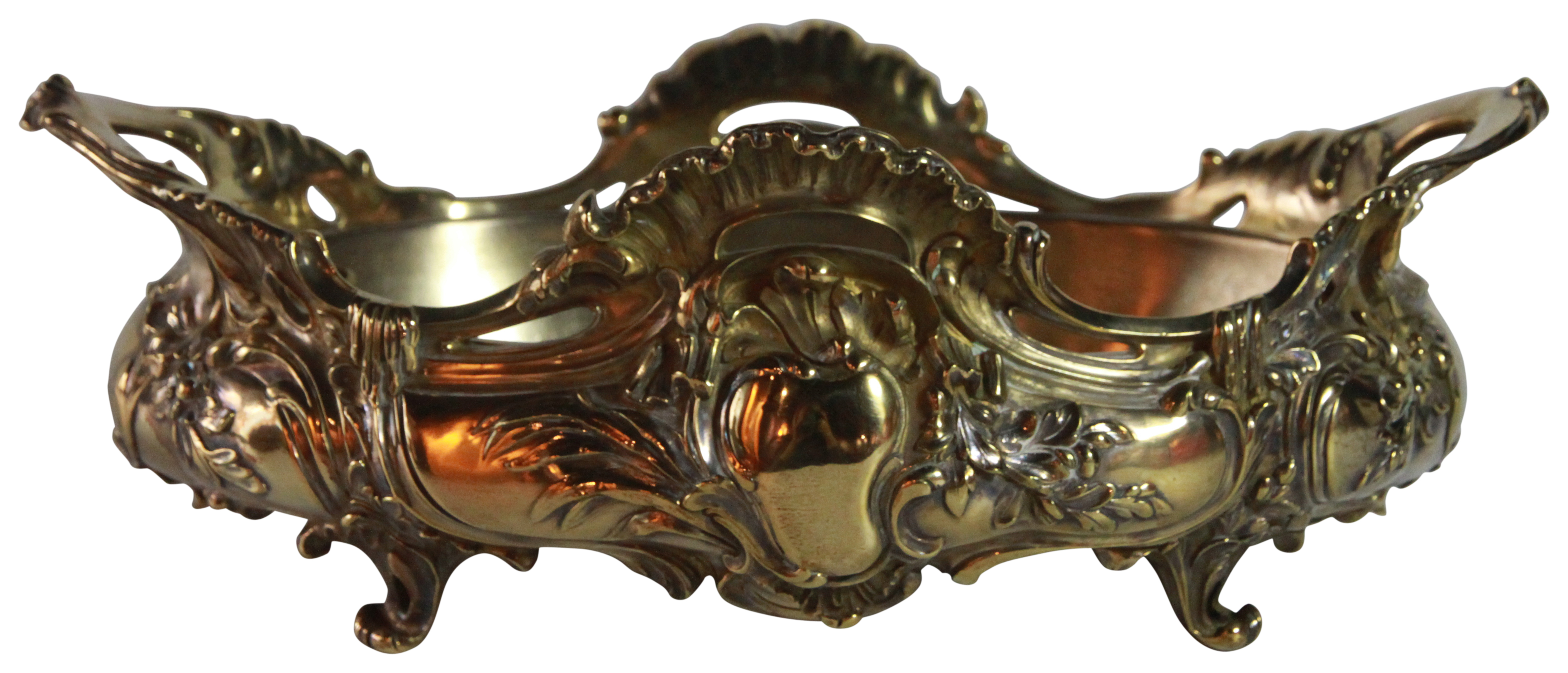 A two handled oval gilt bronze jardineer, possibly French. (L: 37cm), PROVENANCE: Property of a