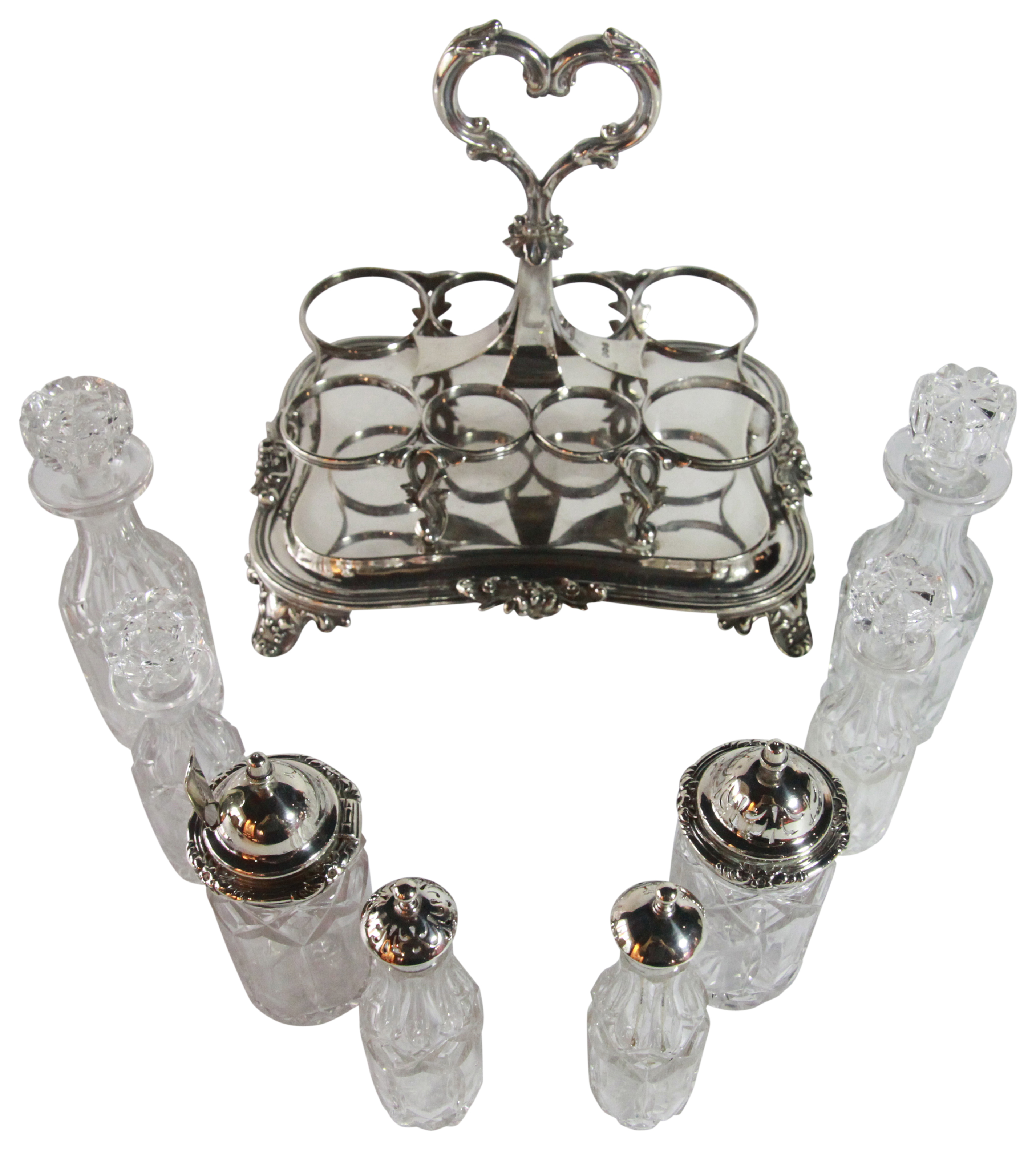 A Victorian silver & glass cruet set. 8 cruets upon a silver base - Rawlings & Summers 1839, (L: - Image 4 of 5