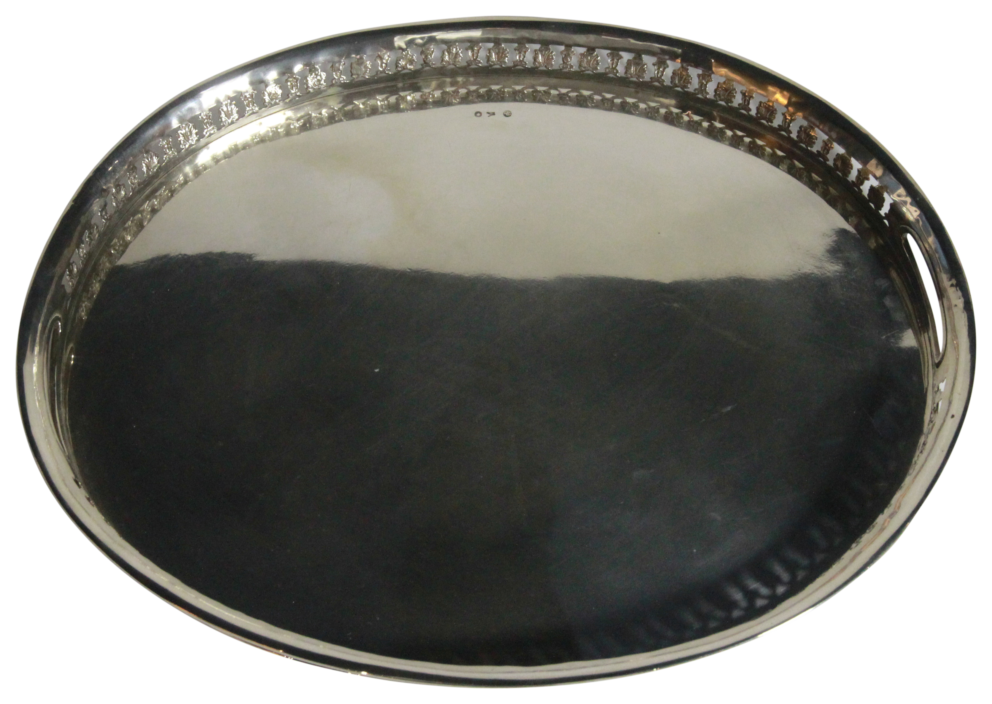 A large Russian silver oval tray. With pierced side decorations. Circa 1840 - (1005 grams) (