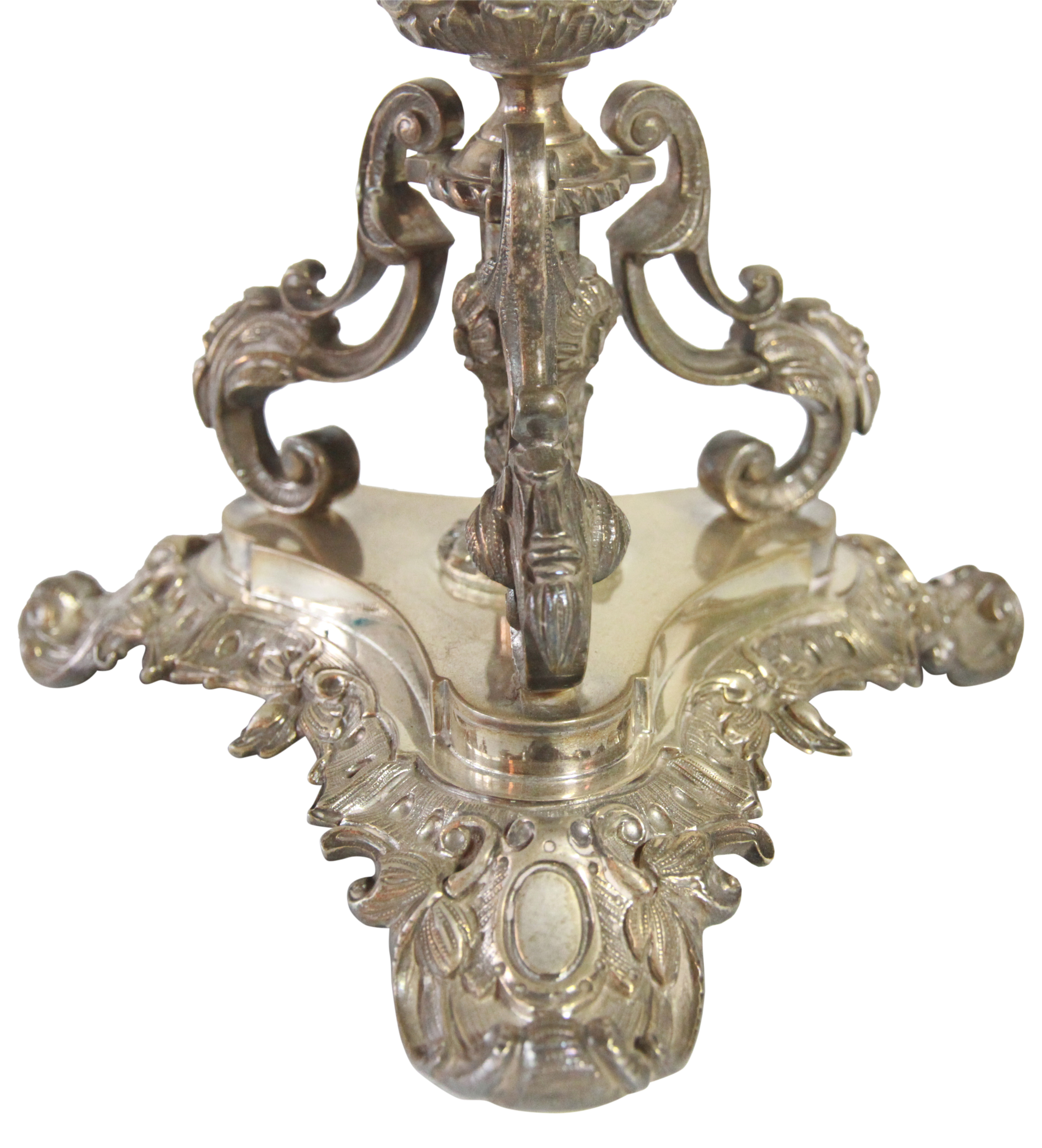 A pair of elaborate Italian silver four light candlesticks having Lapis Lazuli columns upon scrolled - Image 3 of 6
