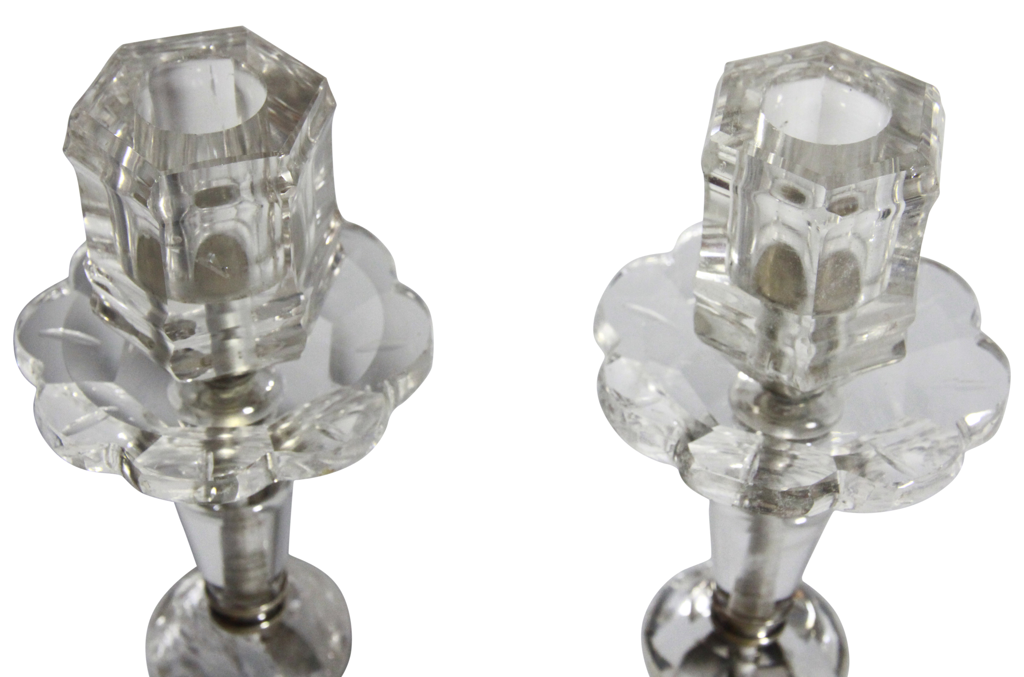 A pair of German Montain crystal candlesticks upon silver bases also with facit glass stone - Image 5 of 5