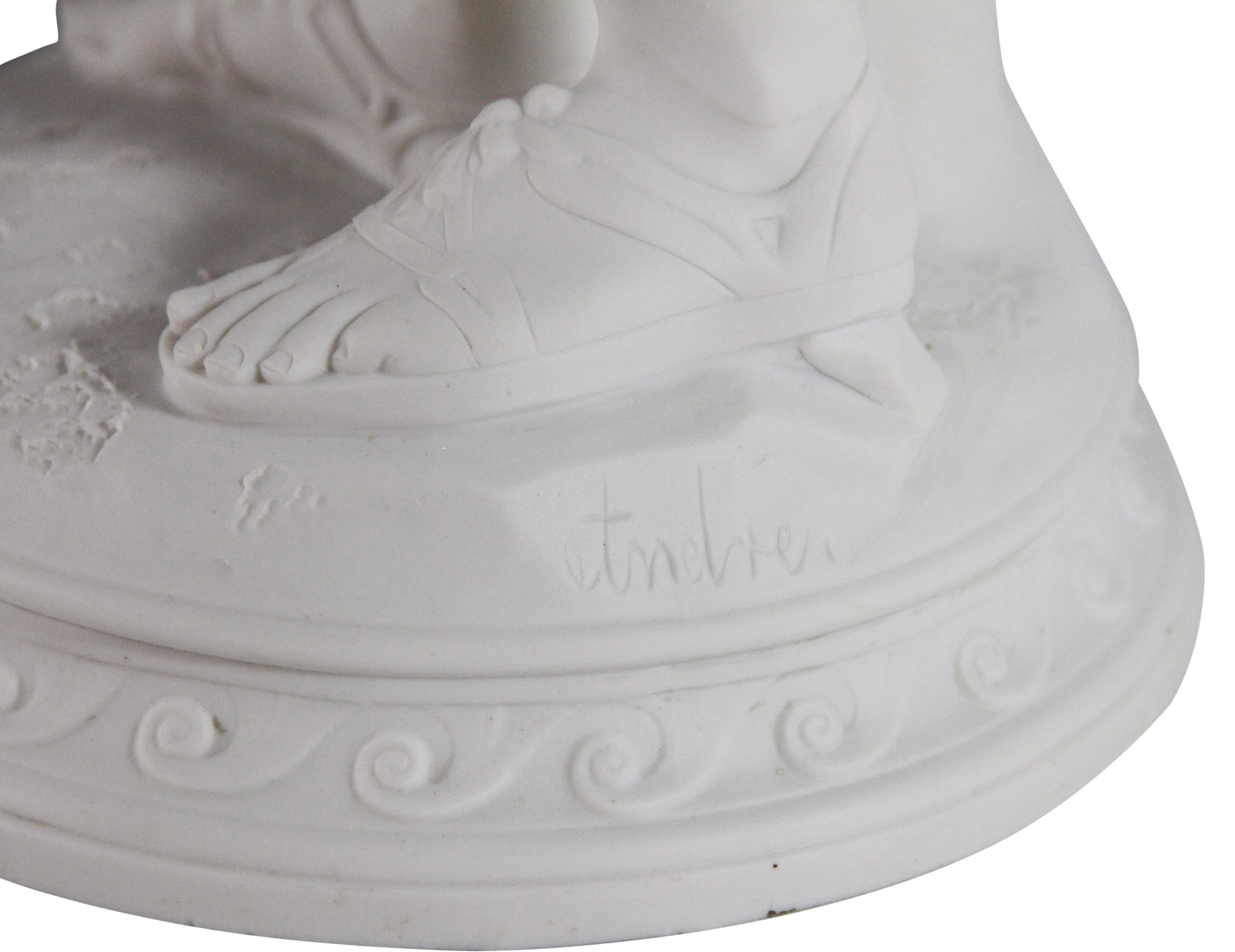 A Parion Figareen 'Diana' in a folded gown upon a circular base. Signed 'Etmelre' on base & marked - Image 6 of 6