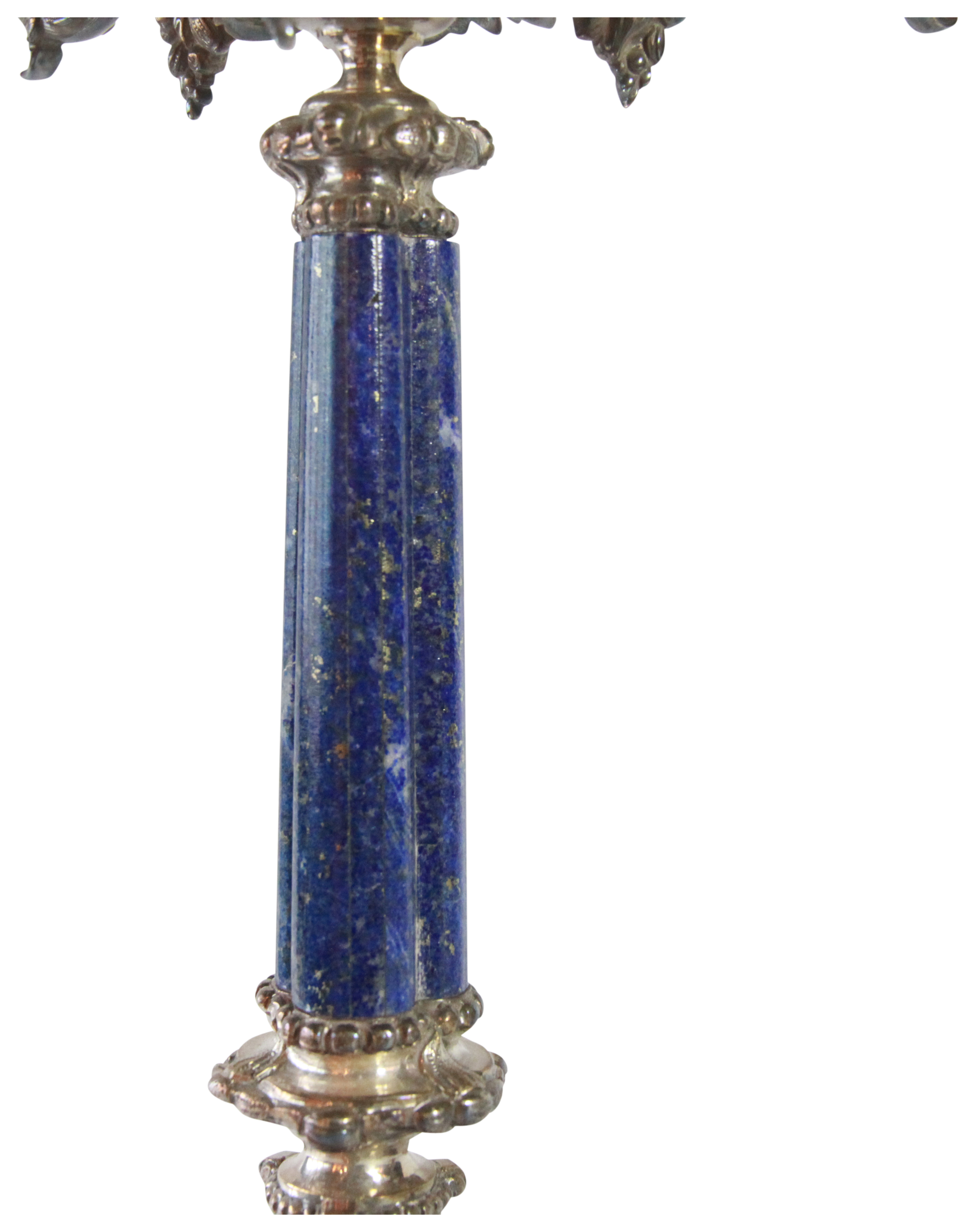 A pair of elaborate Italian silver four light candlesticks having Lapis Lazuli columns upon scrolled - Image 5 of 6