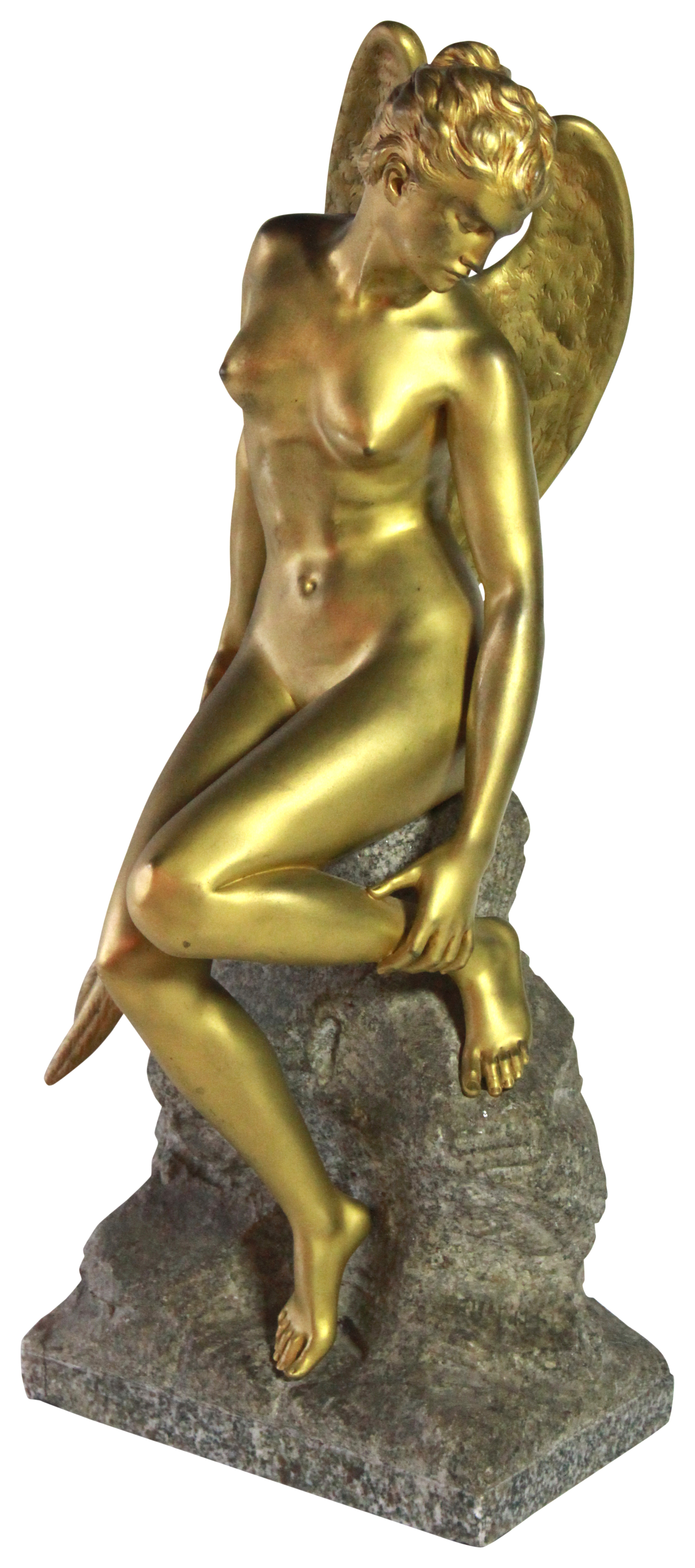 Alfred Boucher (1850 - 1934), 'L' Hirondelle blessee' bronze figurine upon a granite base, (H: 56