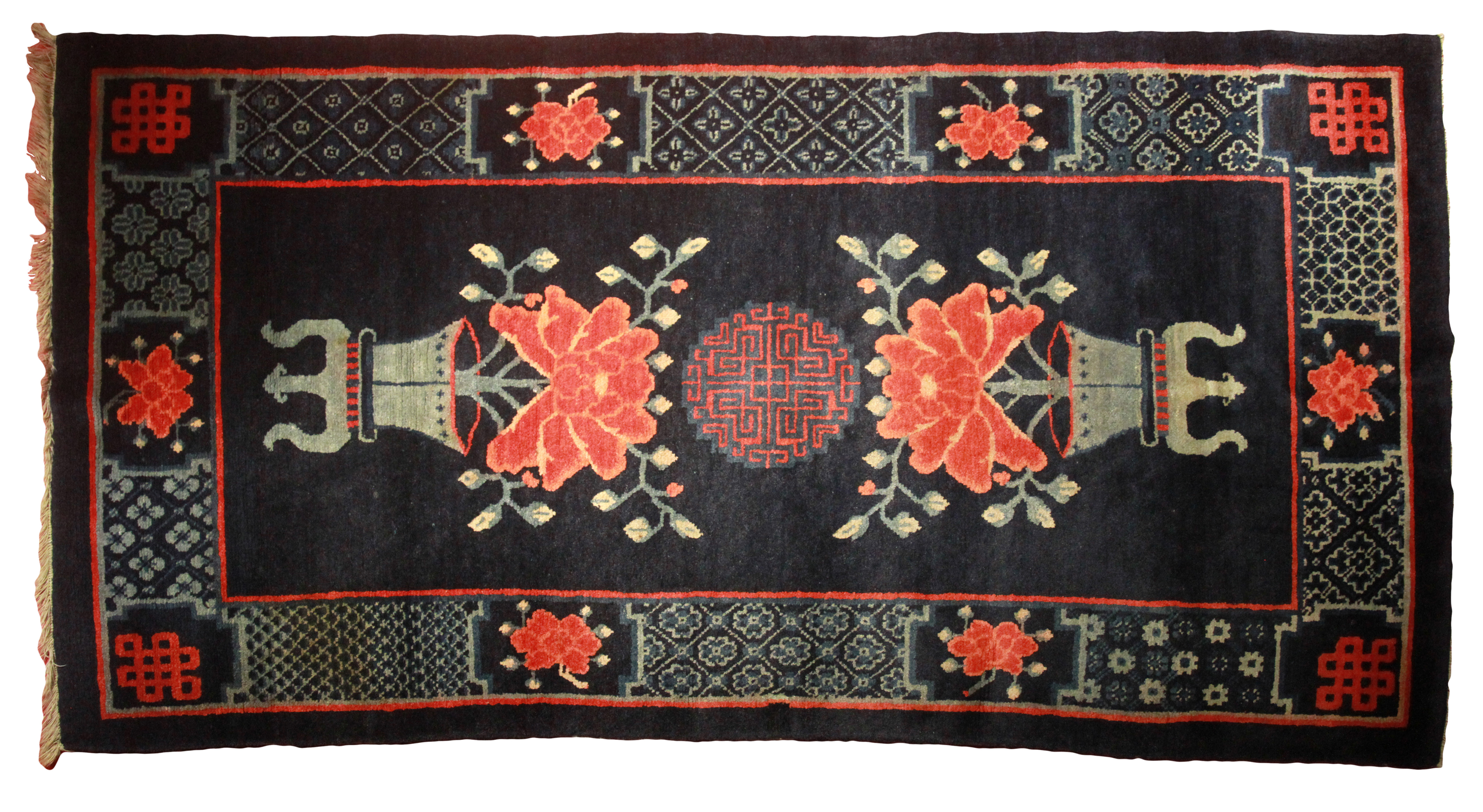 A good Chinese antique rug, blue ground decorated with urns of foliage red lotus. (L: 168 cm, L: