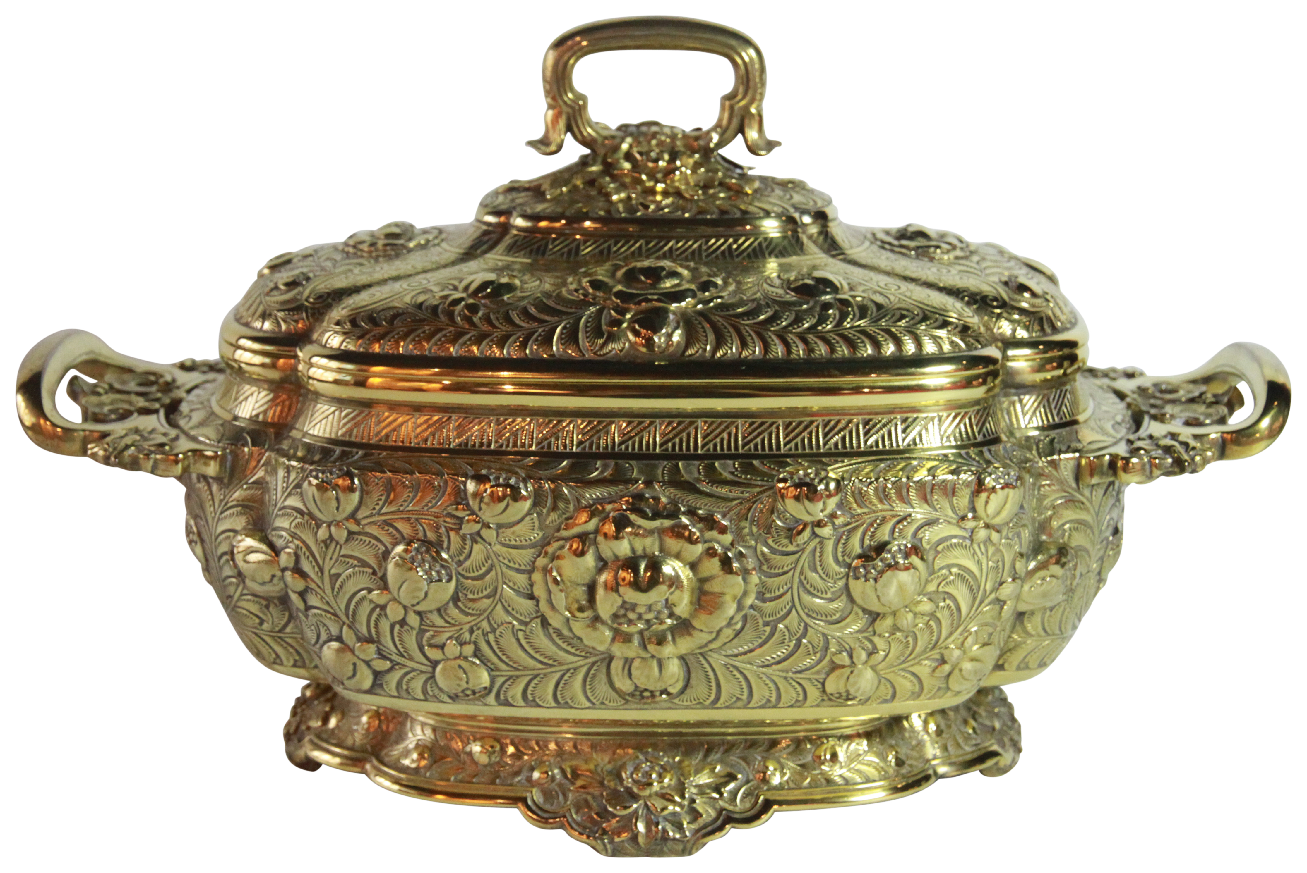 A superb American silver gilt tureen & cover decorated in the Chinese Chippendale taste amongst