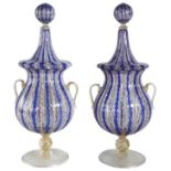 A Venetian suite of decorative desert, bowls & urns decorated in blue & gilt, 15 pieces total,