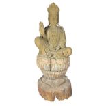 A good late large Chinese carved wooden Buddha sat upon a lotus leaf decorated base, needs