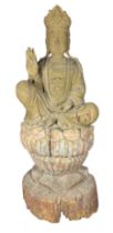 A good late large Chinese carved wooden Buddha sat upon a lotus leaf decorated base, needs
