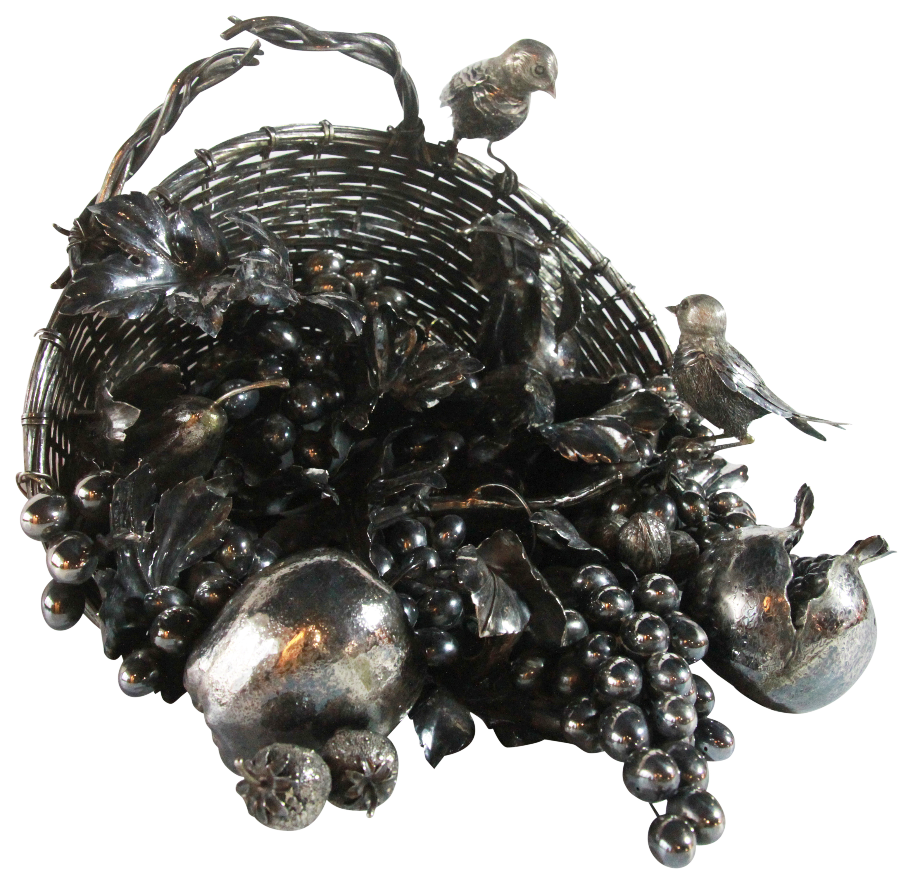 A large Italian silver basket centerpiece in the buccellati style overflowing with fruits & birds. - Image 4 of 8