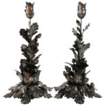 A pair of silver candlesticks - 20th century in the buccellati style with leaves & acorns. (H: 44cm)