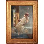 John Reinhard Weguelin (English), "The Swing", Ol on canvas, signed & dated "1878" lower right, (