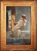 John Reinhard Weguelin (English), "The Swing", Ol on canvas, signed & dated "1878" lower right, (