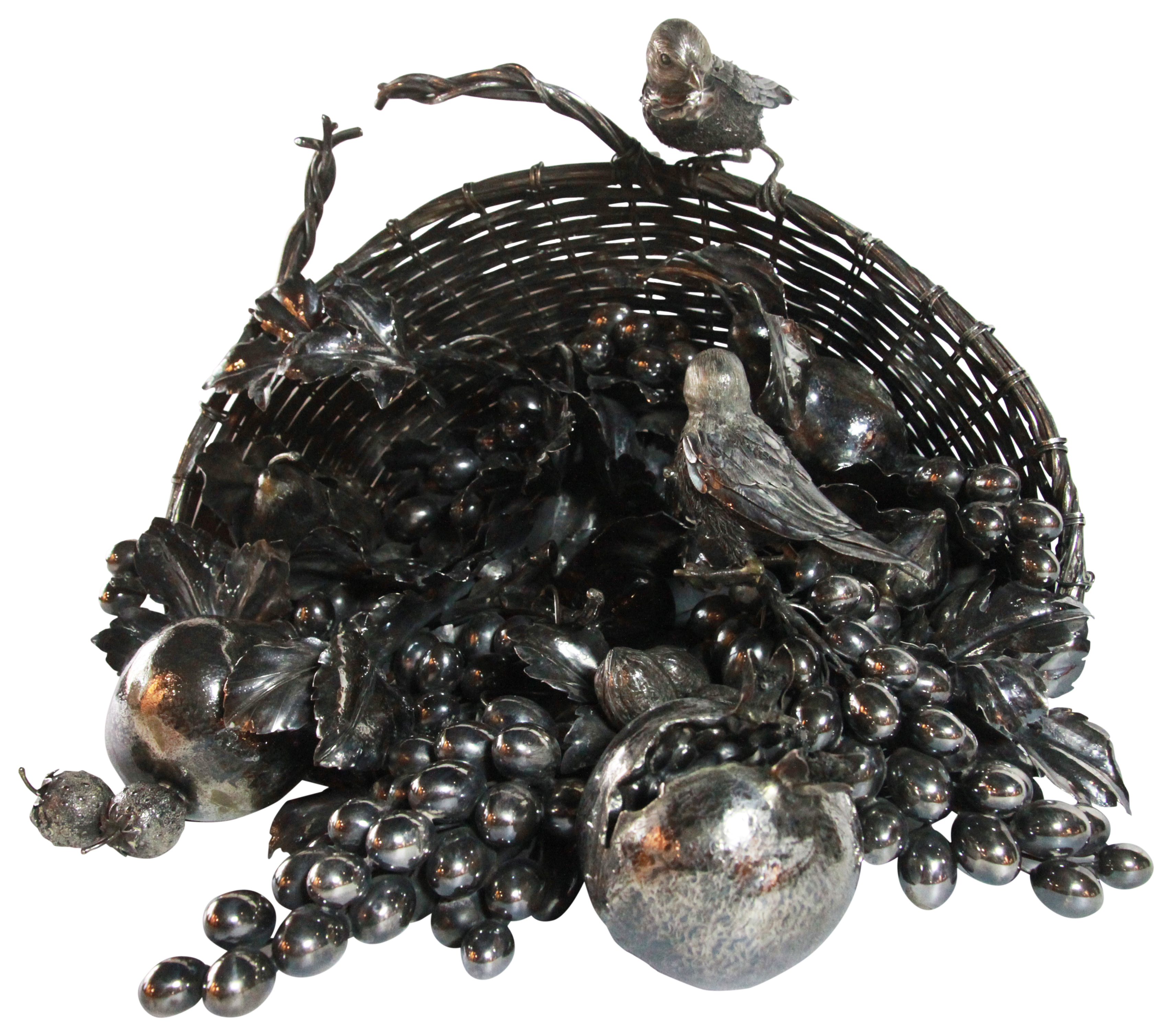 A large Italian silver basket centerpiece in the buccellati style overflowing with fruits & birds. - Image 5 of 8