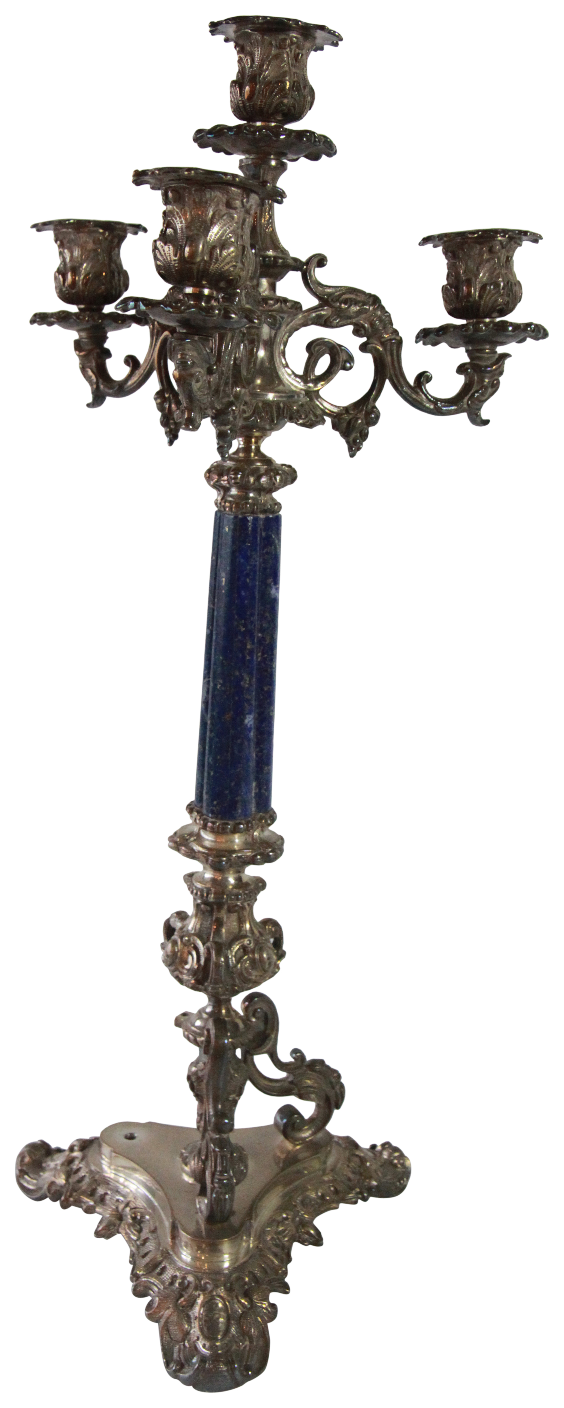 A pair of elaborate Italian silver four light candlesticks having Lapis Lazuli columns upon scrolled - Image 6 of 6