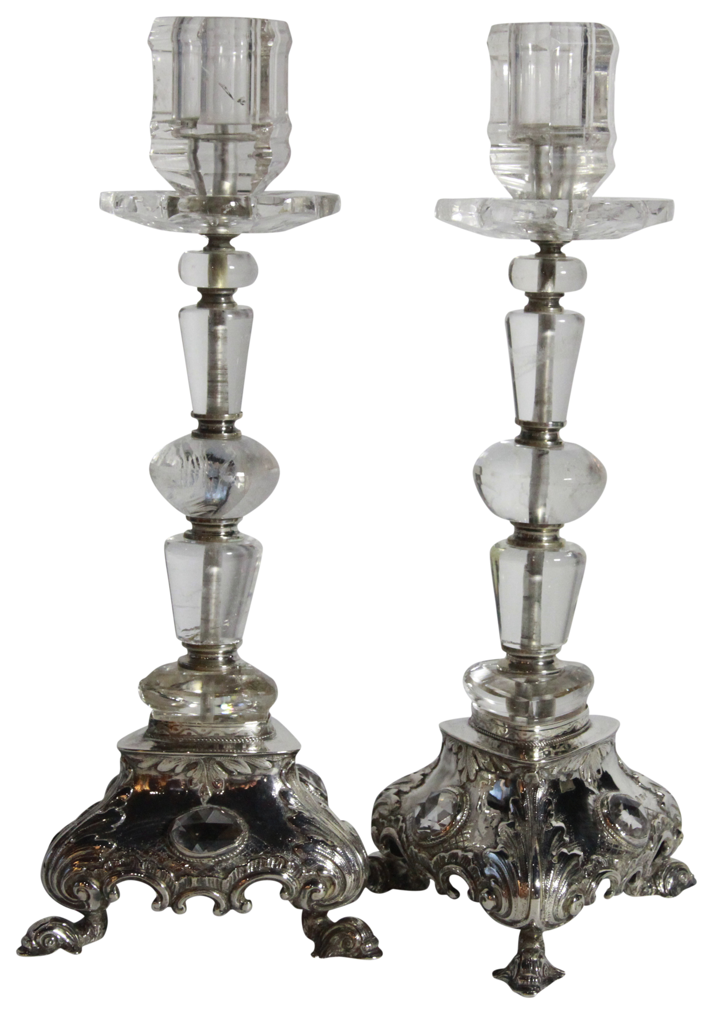 A pair of German Montain crystal candlesticks upon silver bases also with facit glass stone - Image 3 of 5